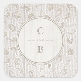ホワイトレースウッド素朴な田舎の結婚式のモノグラム スクエアシール