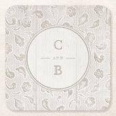 ホワイトレースウッド素朴な田舎の結婚式のモノグラム スクエアペーパーコースター (正面)