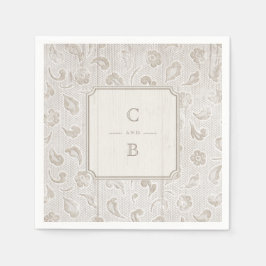ホワイトレースウッド素朴な田舎の結婚式のモノグラム スタンダードカクテルナプキン