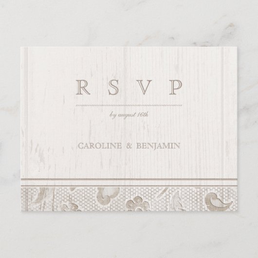 ホワイトレースウッド素朴な田舎の結婚式RSVP インビテーションポストカード (正面)
