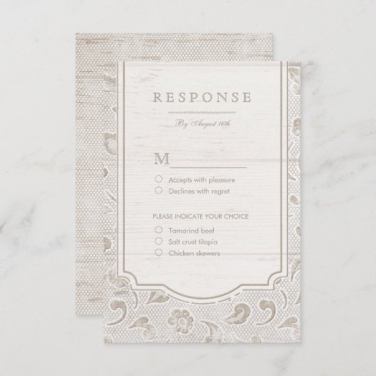 ホワイトレースウッド素朴な田舎の結婚式RSVP 出欠カード (正面/裏面)