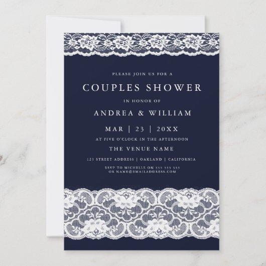 ホワイトレースエレガントネイビーモダンブルーカップルシャワー 招待状 (正面)