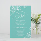 ホワイトレースオンアクアティール（緑がかった色）バジェット結婚式 プログラム (スタンド正面)
