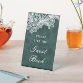 ホワイトレースオンエメラルドグリーンフェイクベルベットゲストブック 台座サイン (インサイチュ)