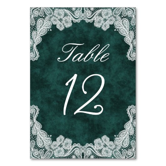 ホワイトレースオンエメラルドグリーンフェイクベルベット テーブルナンバー (正面)
