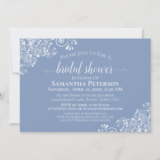 ホワイトレースオンダスティブルーエレガントブライダルシャワー 招待状 (正面)