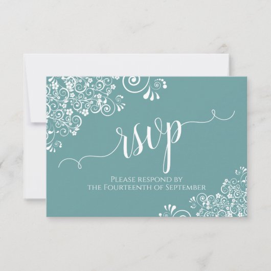 ホワイトレースオンティール（緑がかった色）エレガント書道結婚ズ 出欠カード (正面)