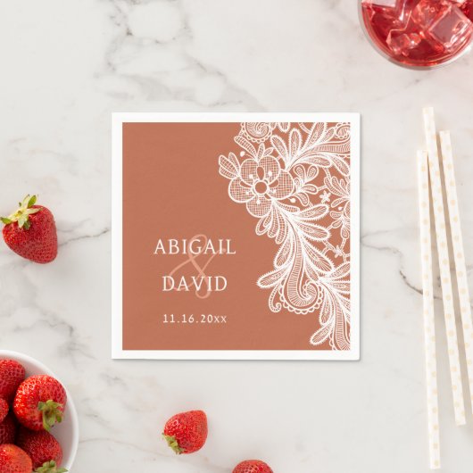ホワイトレースオンテラコッタ結婚ズ スタンダードカクテルナプキン (インサイチュ)