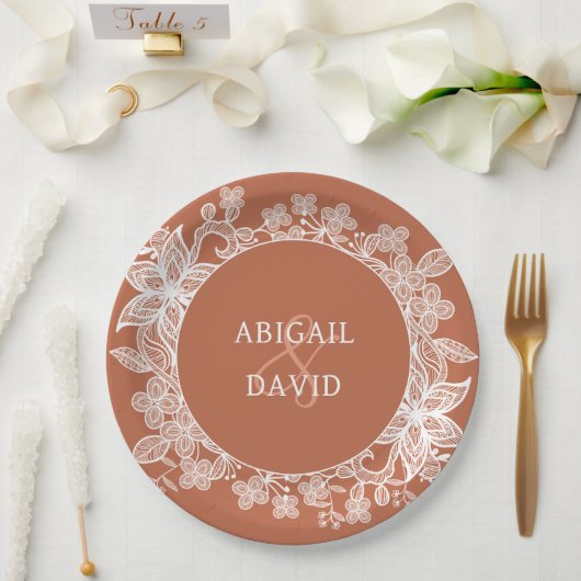 ホワイトレースオンテラコッタ結婚ズ ペーパープレート (ウェディング)