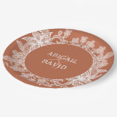 ホワイトレースオンテラコッタ結婚ズ ペーパープレート (アングル)