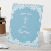 ホワイトレースオンパステルブルーバプティスウェルカム 台座サイン (インサイチュ)