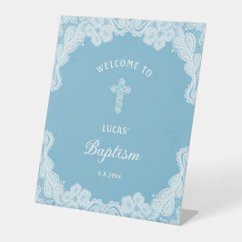 ホワイトレースオンパステルブルーバプティスウェルカム 台座サイン