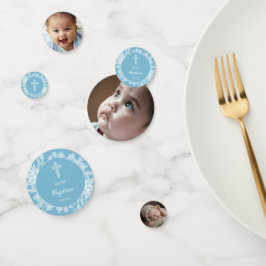 ホワイトレースオンパステルブルーバプティステーブル コンフェッティ