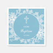 ホワイトレースオンパステルブルーバプテスマ スタンダードカクテルナプキン (正面)