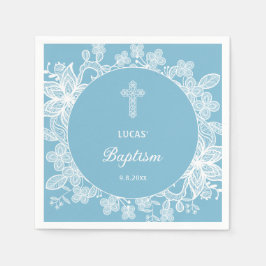 ホワイトレースオンパステルブルーバプテスマ スタンダードカクテルナプキン