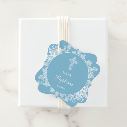 ホワイトレースオンパステルブルーバプテスマ フェイバータグ (インサイチュ)