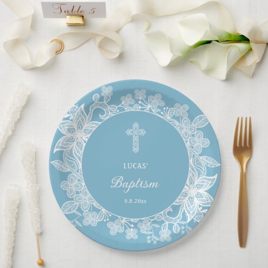 ホワイトレースオンパステルブルーバプテスマ ペーパープレート (ウェディング)