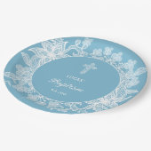 ホワイトレースオンパステルブルーバプテスマ ペーパープレート (アングル)