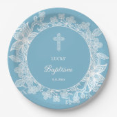 ホワイトレースオンパステルブルーバプテスマ ペーパープレート (正面)