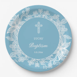 ホワイトレースオンパステルブルーバプテスマ ペーパープレート