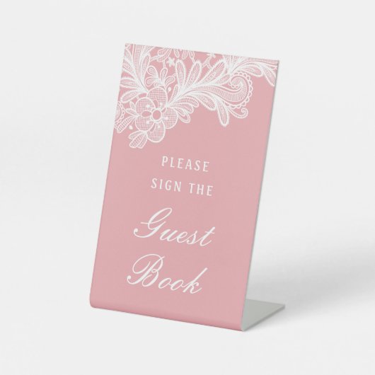 ホワイトレースオンピンクゲストブック 台座サイン (正面)