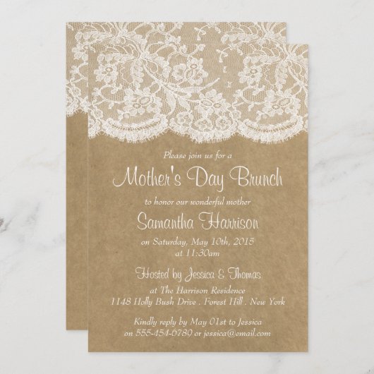 ホワイトレースオン素朴クラフトマザーズデイブランチ 招待状 (正面/裏面)