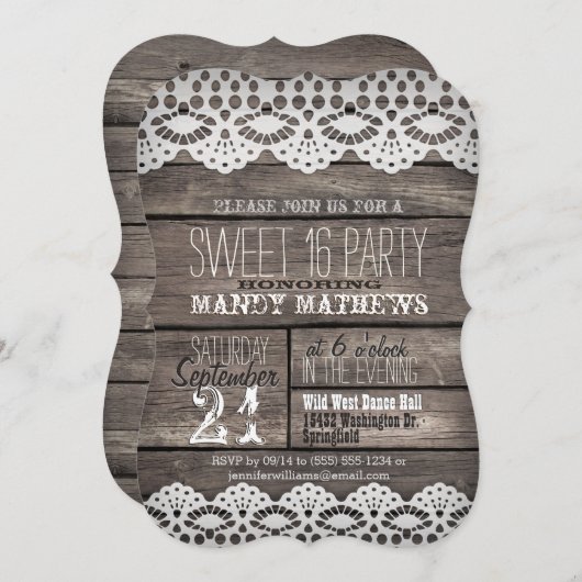 ホワイトレースオン素朴ブラウンウッドスウィート16パーティー 招待状 (正面/裏面)