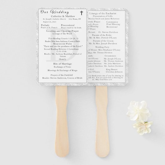 ホワイトレースカトリックモノグラムの結婚式 プログラム ハンドファン (正面&裏面)