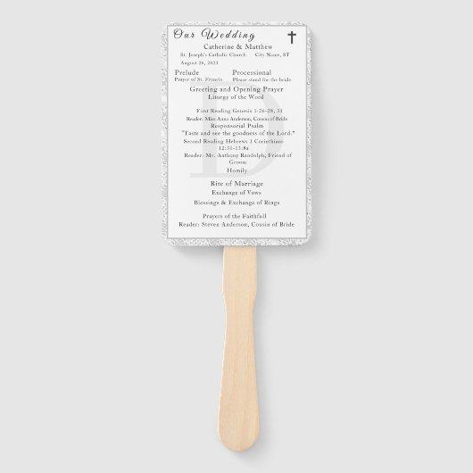 ホワイトレースカトリックモノグラムの結婚式 プログラム ハンドファン (正面)