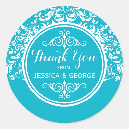 ホワイトレースターコイズ背景ありがとう2 ラウンドシール (正面)