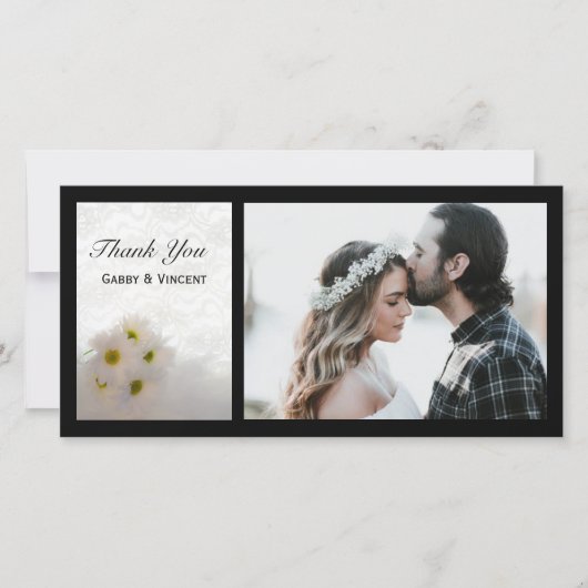 ホワイトレースデイジー結婚ズサンキューフォトカード サンキューカード (正面)