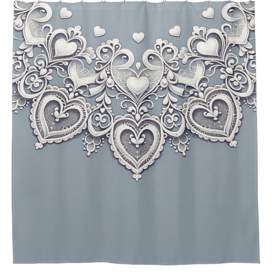 ホワイトレースハートロマンチックチャームブエレガントルー シャワーカーテン (正面)