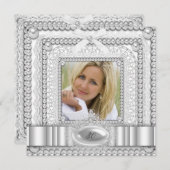 ホワイトレースパールフォトバースデーパーティー 招待状 (正面/裏面)