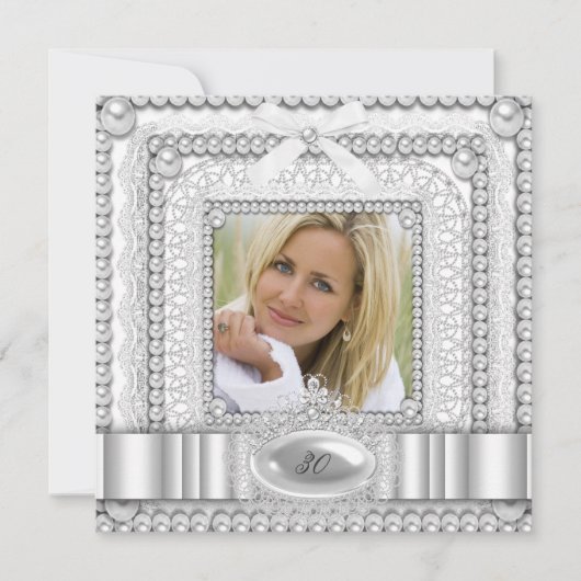 ホワイトレースパールフォトバースデーパーティー 招待状 (正面)