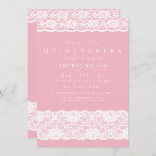 ホワイトレースピエレガントンクキンセアニェラパーティー招待状 招待状 (正面/裏面)