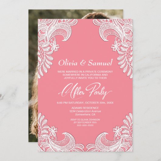 ホワイトレースピカスタムンクの写真の後結婚のパーティー 招待状 (正面/裏面)