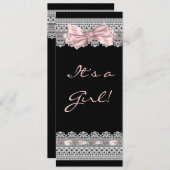 ホワイトレースピンクと黒の赤ちゃん女の子シャワー 招待状 (正面/裏面)