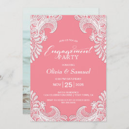 ホワイトレースピンクカスタム色婚約パーティ 招待状
