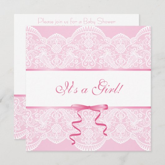 ホワイトレースピンクサテン女の子ベビーシャワー 招待状 (正面/裏面)