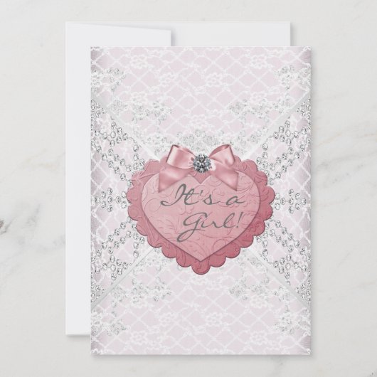 ホワイトレースピンクハートピンクホワイトベビーガールシャワー 招待状 (正面)