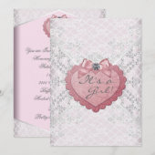 ホワイトレースピンクハートピンクホワイトベビーガールシャワー 招待状 (正面/裏面)