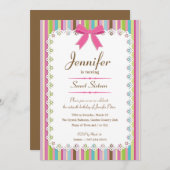 ホワイトレースピンクボウストライプキャンディ甘い16 5x7 招待状 (正面/裏面)