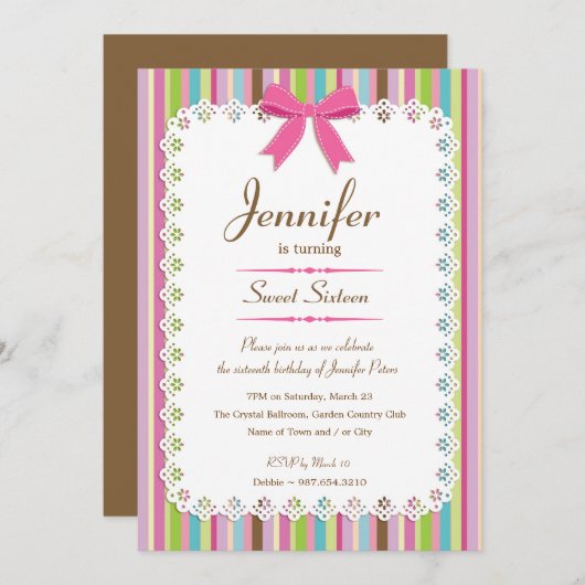 ホワイトレースピンクボウストライプキャンディ甘い16 5x7 招待状 (正面/裏面)