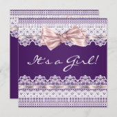 ホワイトレースピンクリボンガールパープルベビーシャワー 招待状 (正面/裏面)