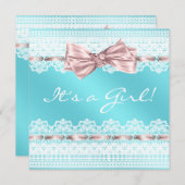 ホワイトレースピンクリボンティール(緑がかった色)ブルーベビーシャワー 招待状 (正面/裏面)