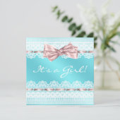 ホワイトレースピンクリボンティール(緑がかった色)ブルーベビーシャワー 招待状 (スタンド正面)