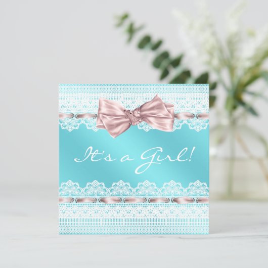 ホワイトレースピンクリボンティール(緑がかった色)ブルーベビーシャワー 招待状 (スタンド正面)