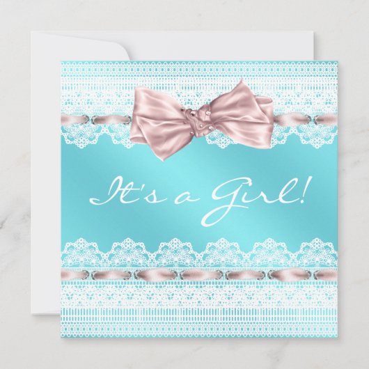 ホワイトレースピンクリボンティール(緑がかった色)ブルーベビーシャワー 招待状 (正面)