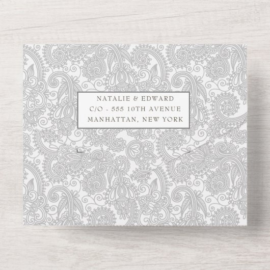 ホワイトレースフィリグリーペイズリーヘナウェディングRSVP オールインワン招待状 (裏面)