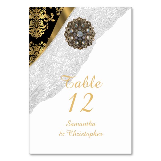 ホワイトレースブラックと金ゴールドヴィンテージダマスク結婚式 テーブルナンバー (正面)